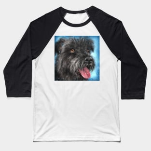 Painting of a Black Schnauzer With Its Tongue Out on Blue Background Baseball T-Shirt